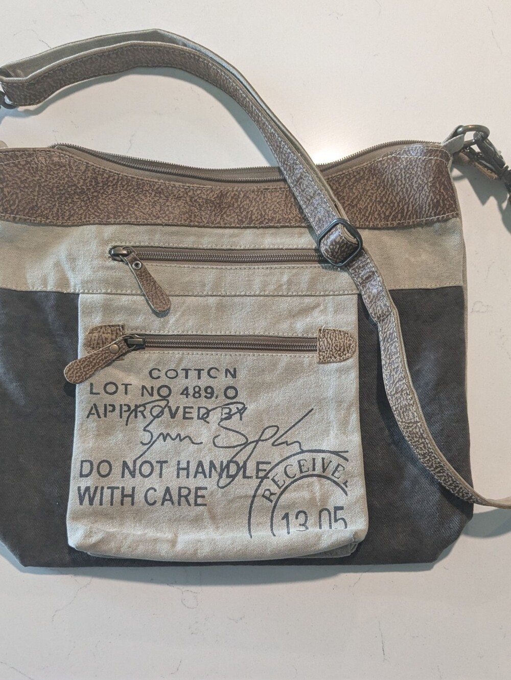 Myra Crossbody Bag, Canvass & Leather, Shoulder Strap, Pockets Inside & Out